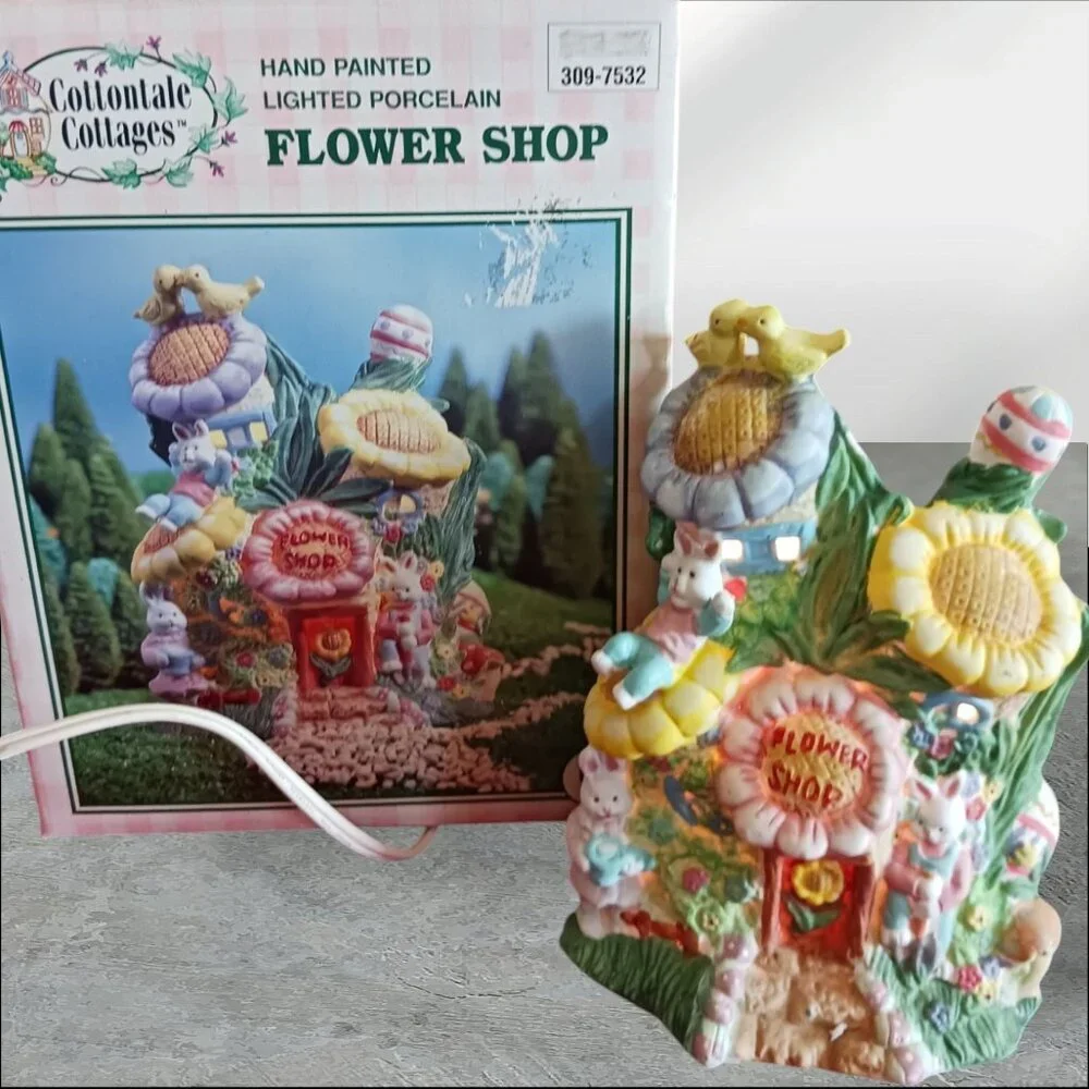 Cottontale Cottage Lighted Porcelain Bunny Flower Shop Figurine